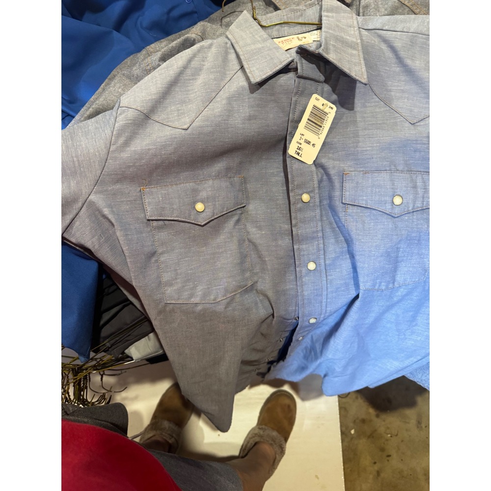 Vintage Saddle King Tall Western Pearl Snap Shirt Mens 16.5 Blue Short Sleeve